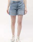 Madame Low Rise Blue Distressed Hem Shorts