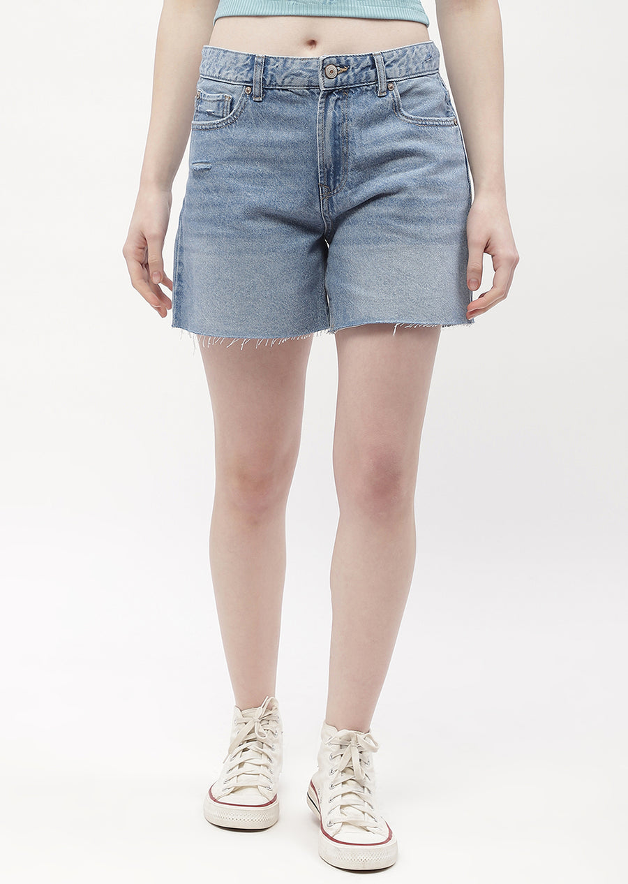 Madame Low Rise Blue Distressed Hem Shorts