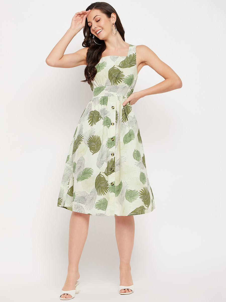 Madame Green Printed Fit & Flare  Dress