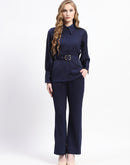 Madame Navy Belted Shirt and Wide-Leg Pants Co-ord Set