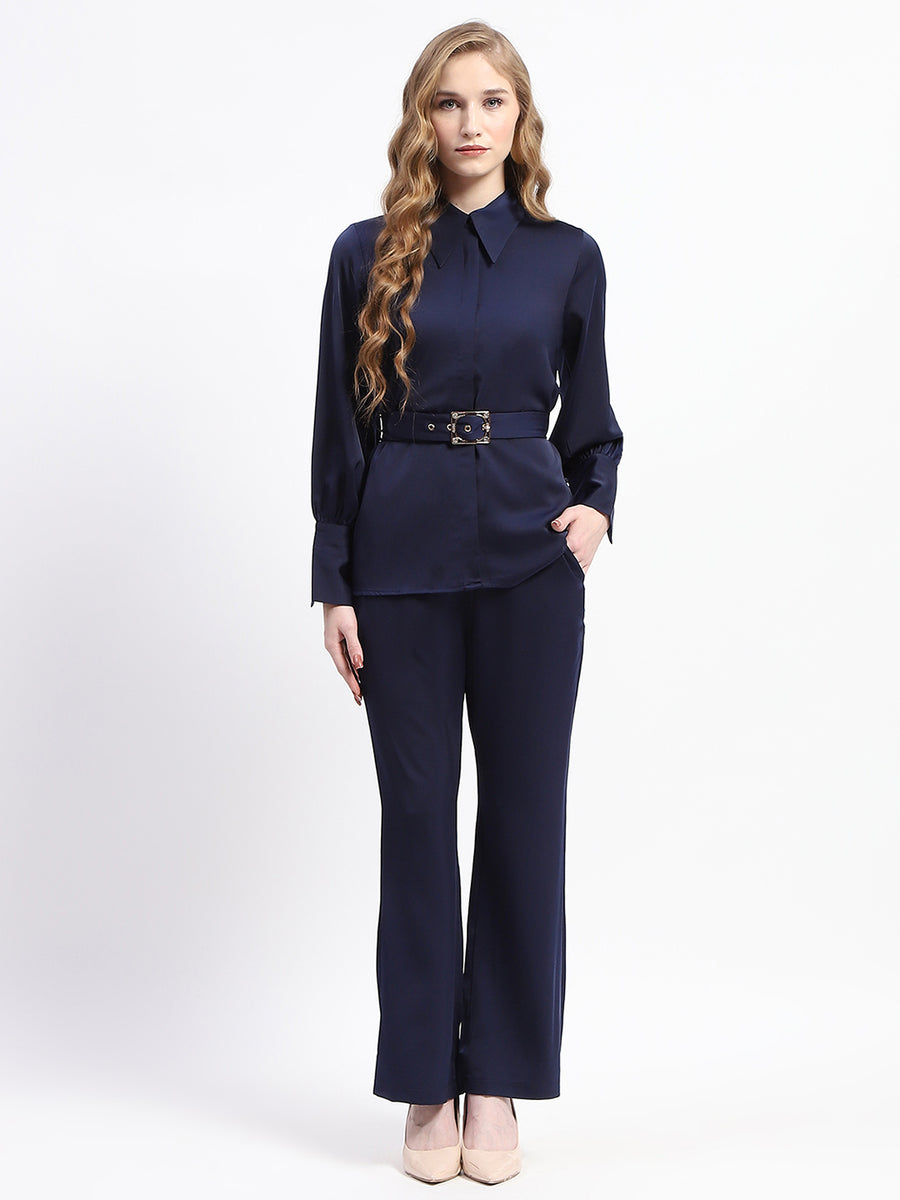 Madame Navy Belted Shirt and Wide-Leg Pants Co-ord Set