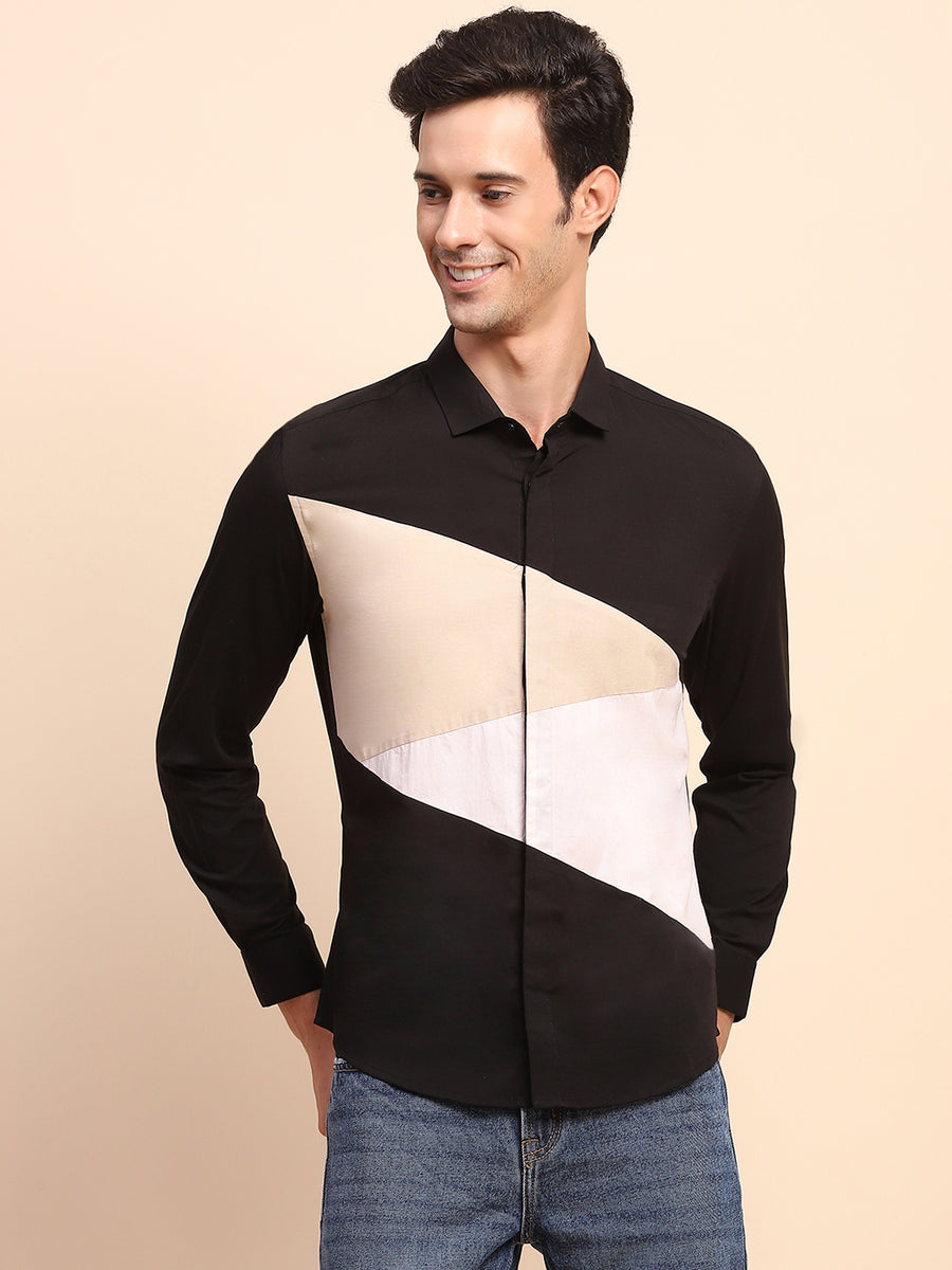 Camla Barcelona Color Block Collared Black Cotton Shirt