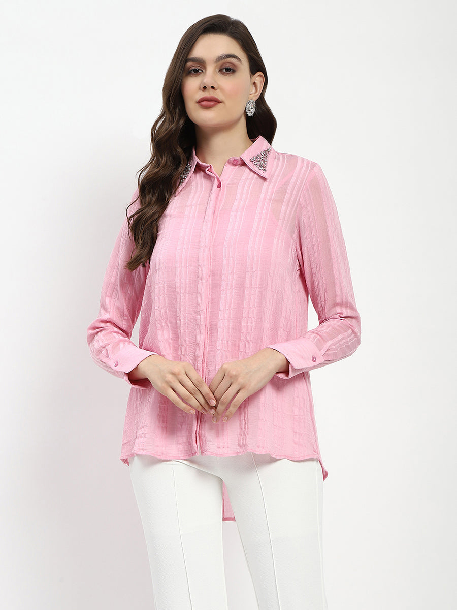 Madame Embroided Collar Pink Shirt