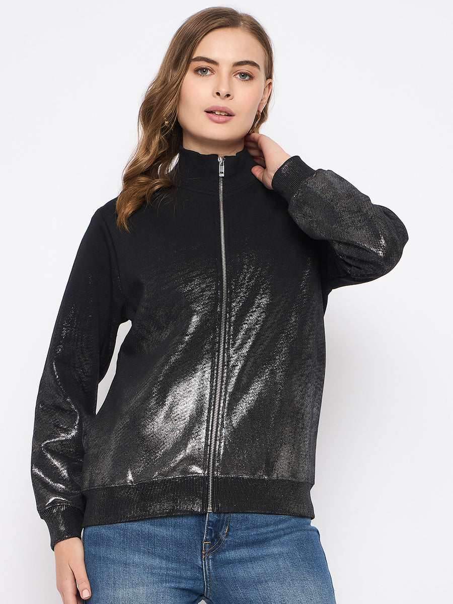 Madame Cotton Blend Quilted Zipped Black Sweatshirt