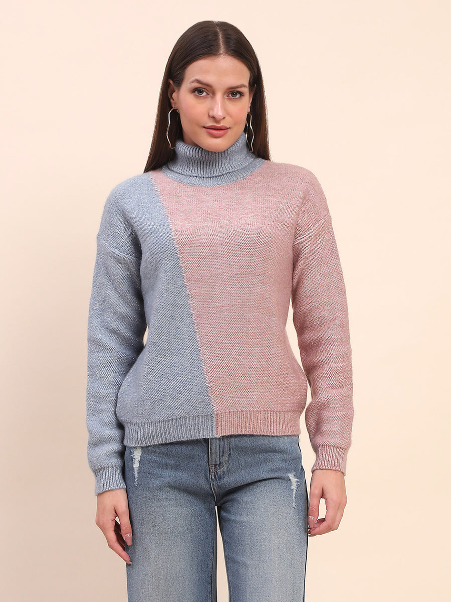 Camla Barcelona Color Blocked Turtle Neck Peach Sweater