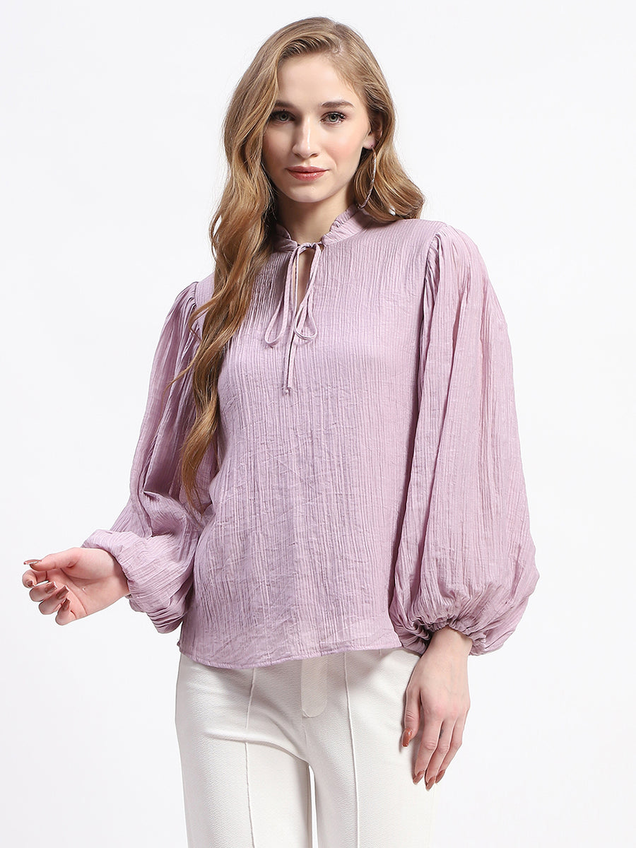 Madame Mock Neck Solid Mauve Cotton Blend