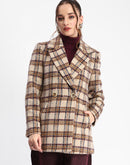 Madame Plaid Lapel Collared Welt Pocketed Beige Coat