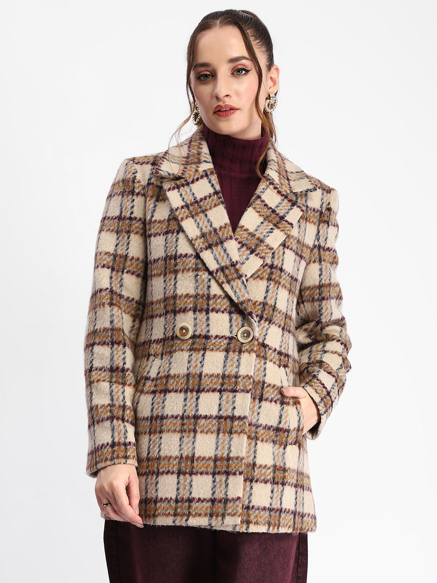 Madame Plaid Lapel Collared Welt Pocketed Beige Coat