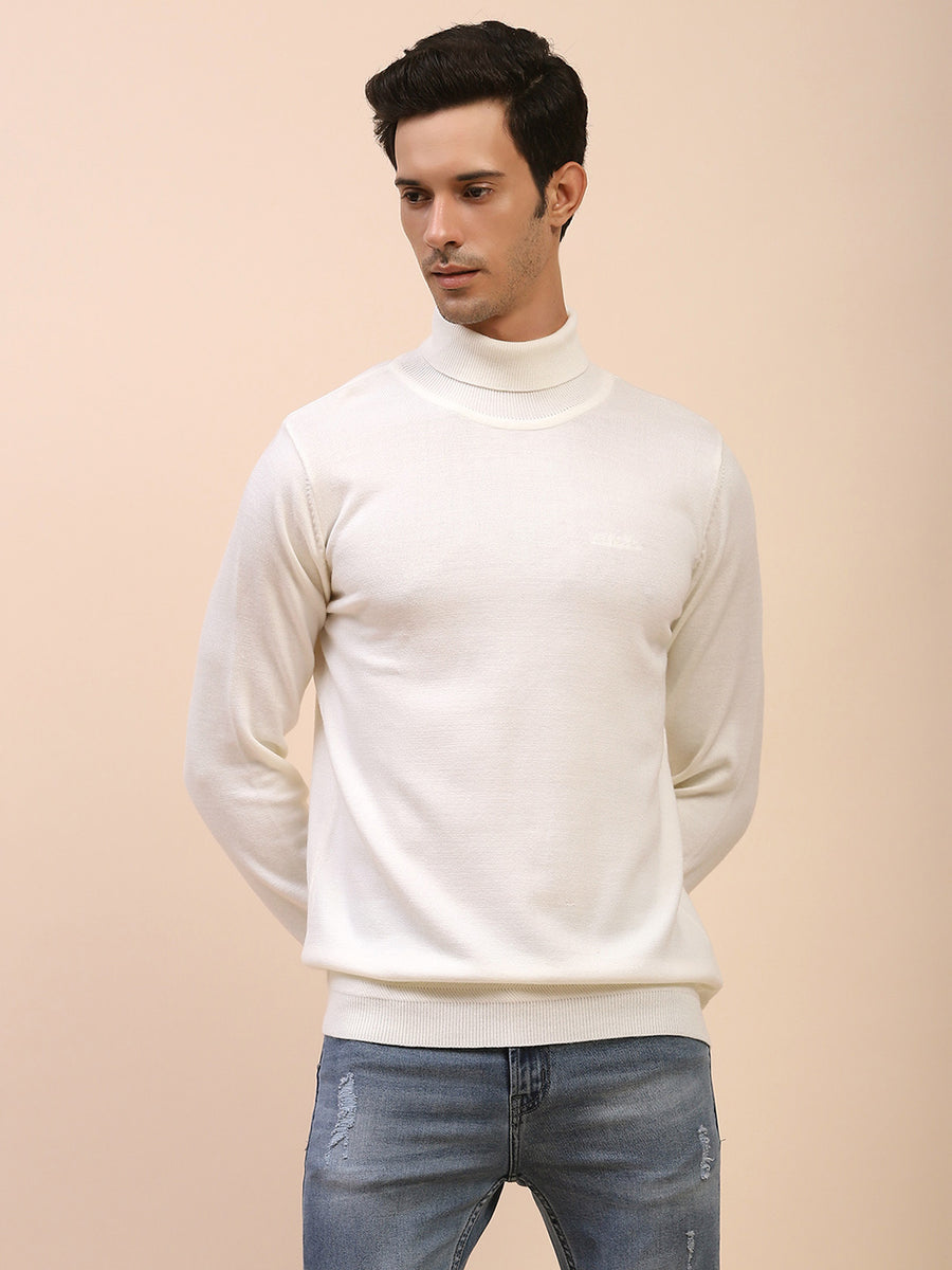 Camla Barcelona High Neck Solid White Sweater