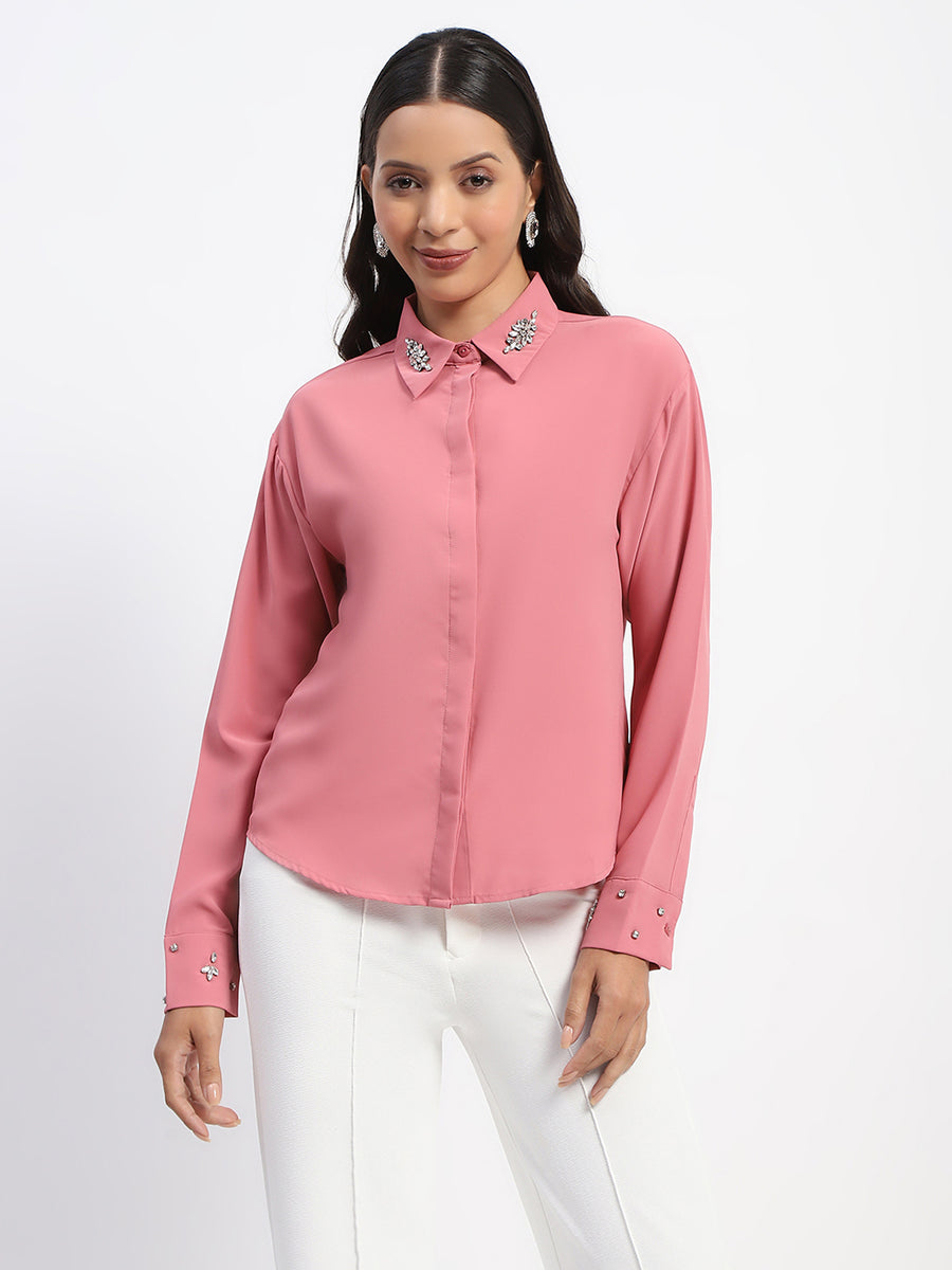 Madame Collar And Sleeve Embellished Dusty Pink Shirt