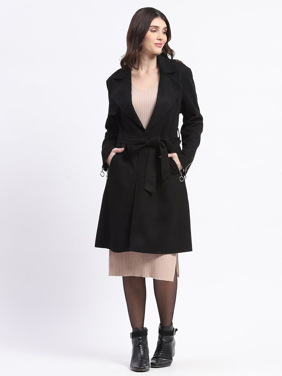 Madame Metal Zip Raw Edge Detailed Solid Black Trench Coat