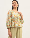 Madame Ruched Tie- Front Floral Printed Ivory Top