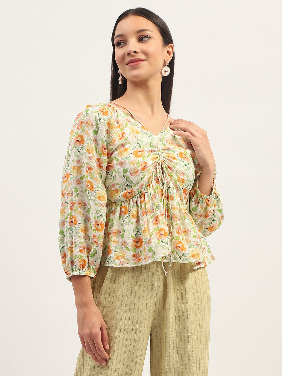 Madame Ruched Tie- Front Floral Printed Ivory Top