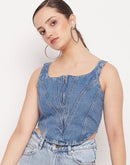 Madame Blue Denim Square Neckline Zipped Corset Top