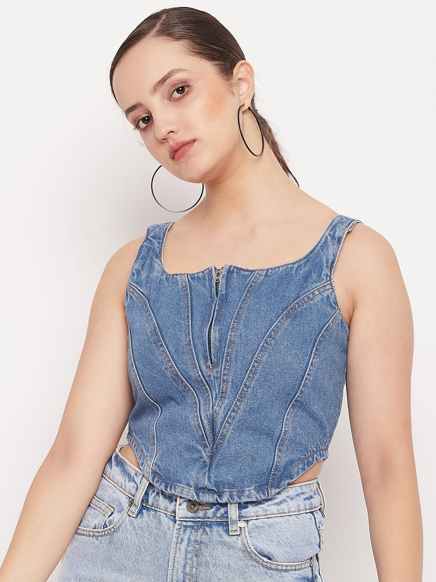 Madame Blue Denim Square Neckline Zipped Corset Top