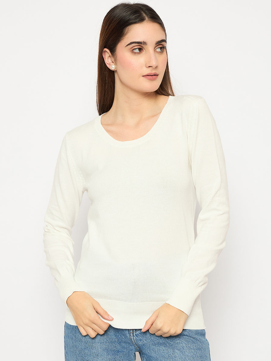 Madame Round Neck Ribbed Cuff Off White Sweater