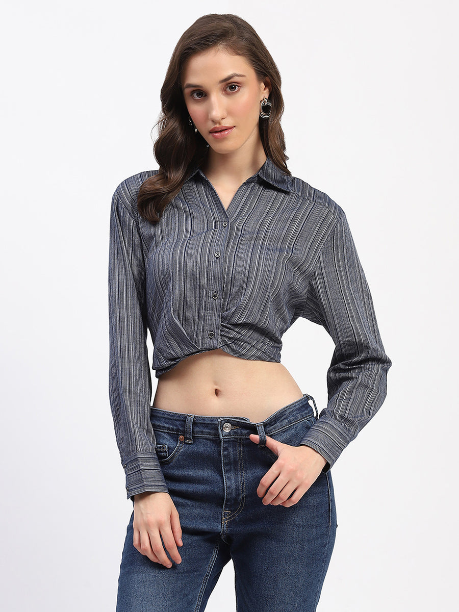 Madame Striped Overlap Detailing Collared Mauve Shirt