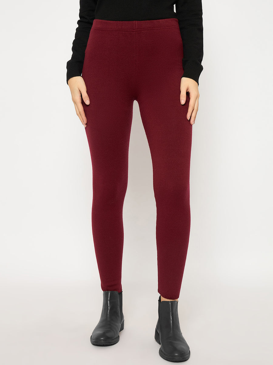 Madame Skinny Fit Solid Maroon Tights