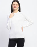 Madame Solid Full Sleeve Off White Knitted Top