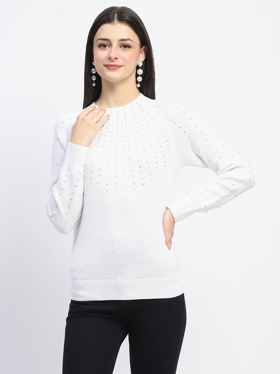 Madame Solid Full Sleeve Off White Knitted Top