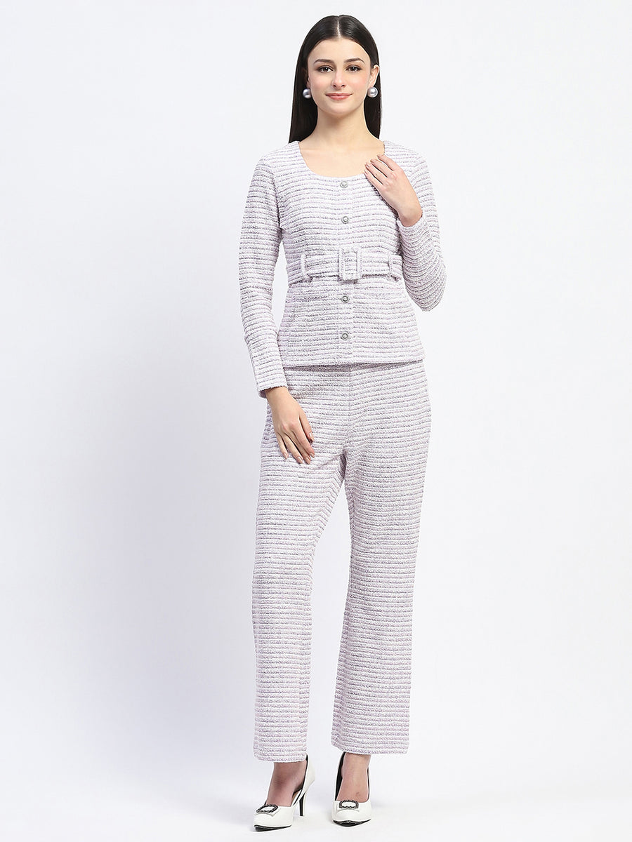 Madame Knitted Buttoned and Belted Top and Bottom Lavender Co-ord Set