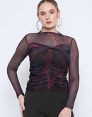 Madame Semi Sheer Abstract Print Centre Ruched Black Top