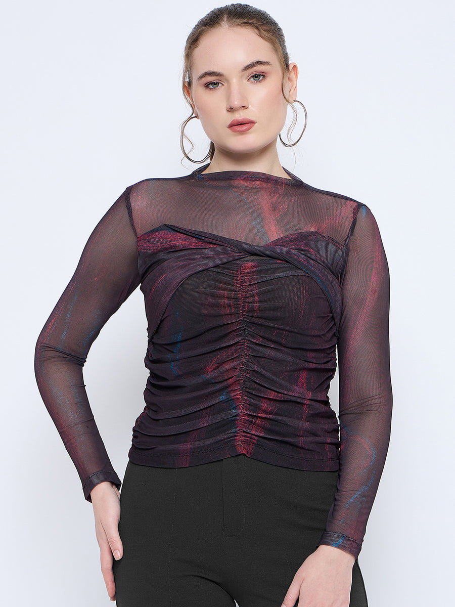 Madame Semi Sheer Abstract Print Centre Ruched Black Top