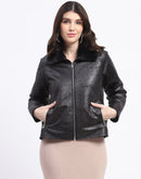 Madame Textured Self Design Black Bonded Suede Jacket