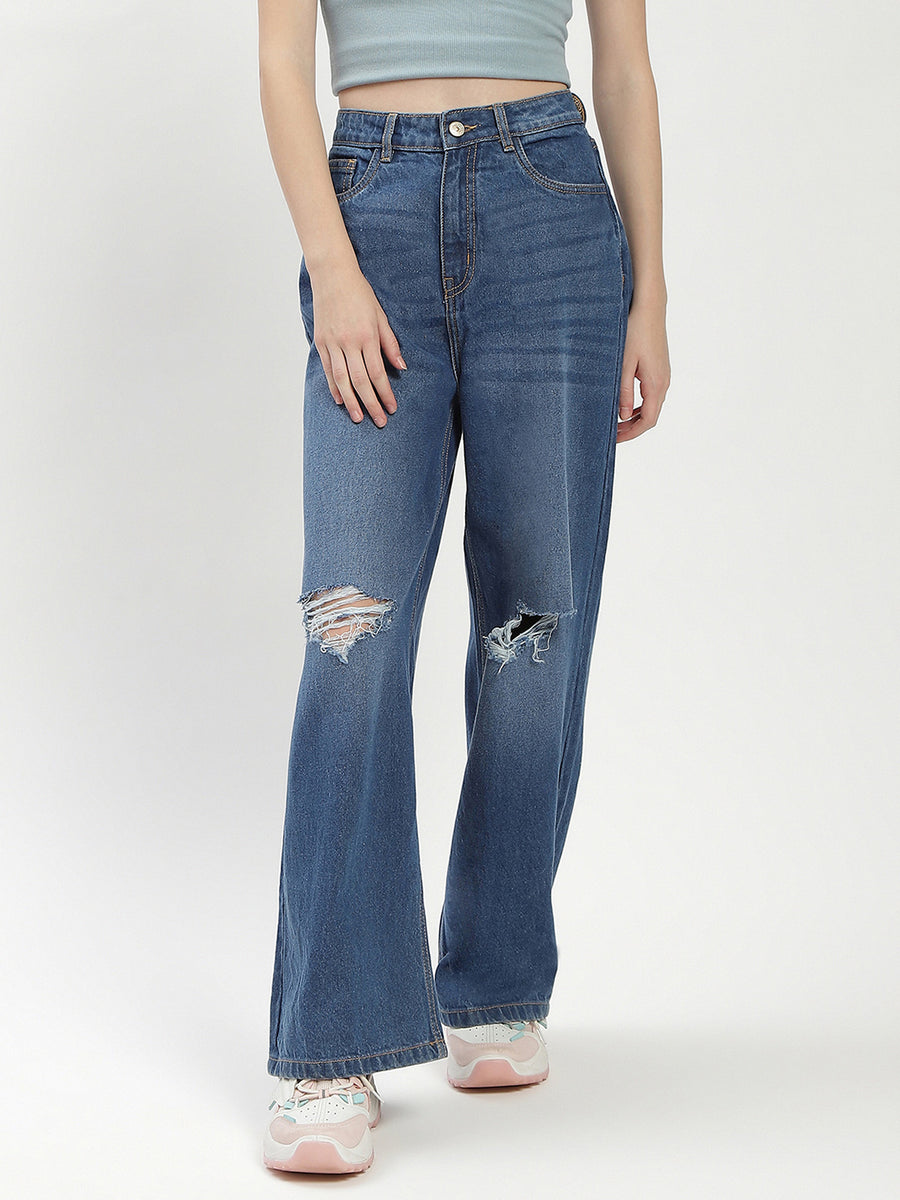 Madame Shanaya Kapoor High-Waisted Flared Ripped Mid Blue Jeans