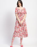 Madame Floral Print Cinch Waist Pink Midi Dress