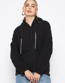 Madame Knitted Self-Textured Zipped Black Hooded Sweatshirt