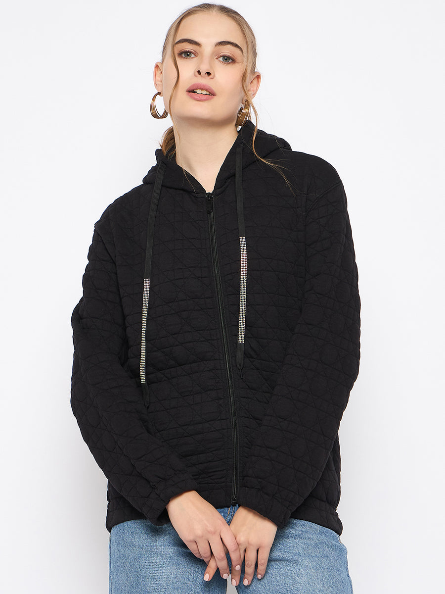 Madame Knitted Self-Textured Zipped Black Hooded Sweatshirt