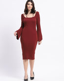 Madame Brick Red Knit Midi Dress with Flounce Sleeves