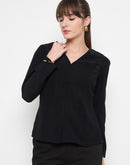 Madame Swarovski Detailed V Neck Solid Black Top