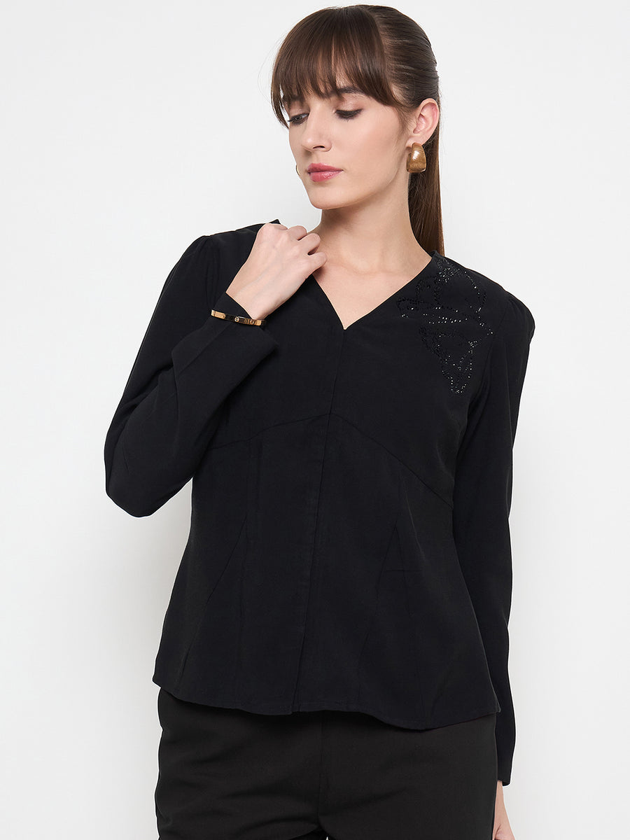 Madame Swarovski Detailed V Neck Solid Black Top