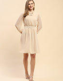 Camla Barcelona Cinched Waist Beige Chain Embellished Neck Dress