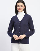 Madame V Neck Buttoned Navy Blue Cardigan