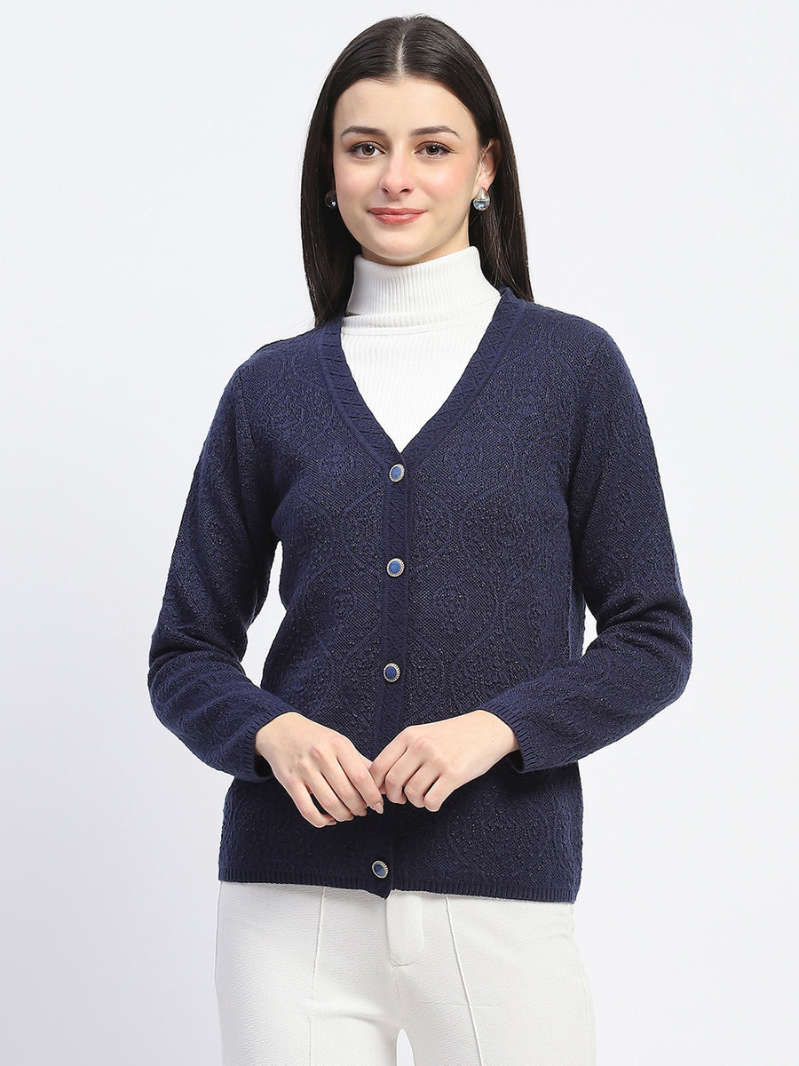 Madame V Neck Buttoned Navy Blue Cardigan