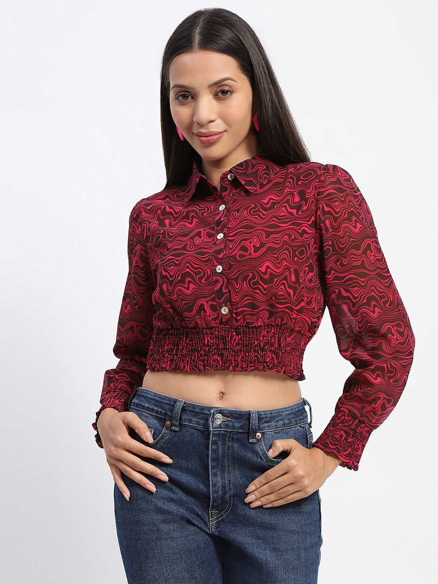 Madame Cinch Waist Marble Print Hot Pink Crop Shirt