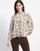 Madame Frill Neck Button Down Mint Floral Print Top