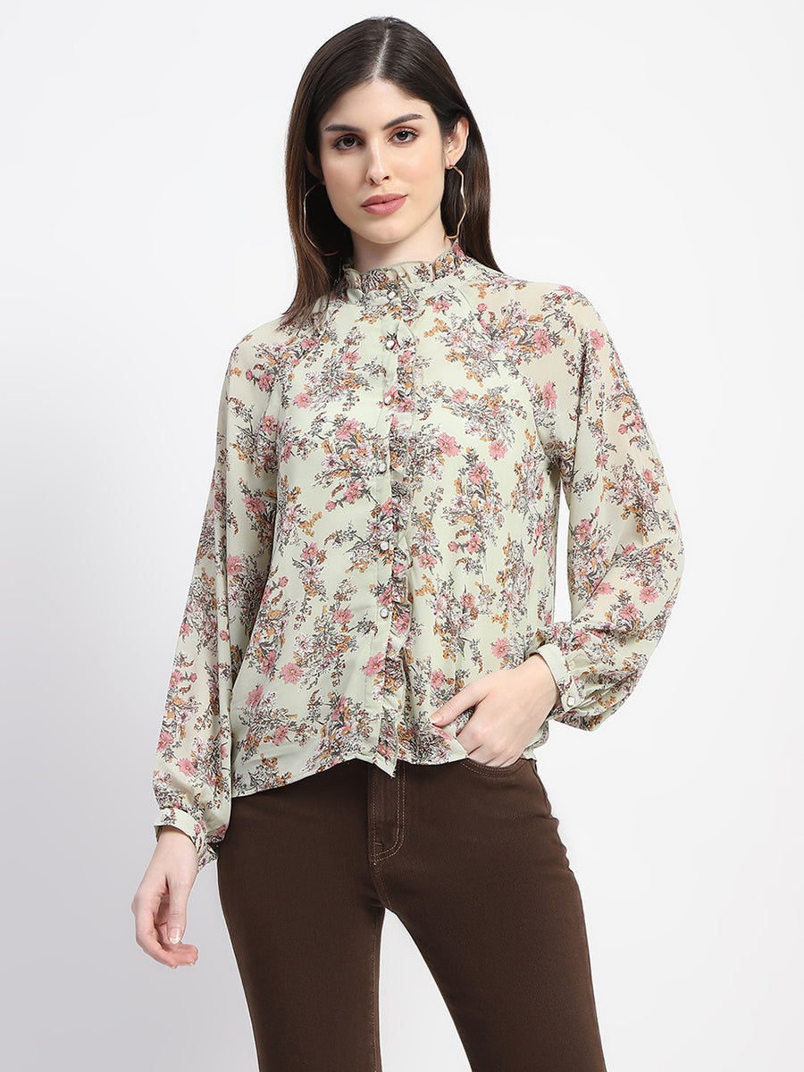 Madame Frill Neck Button Down Mint Floral Print Top