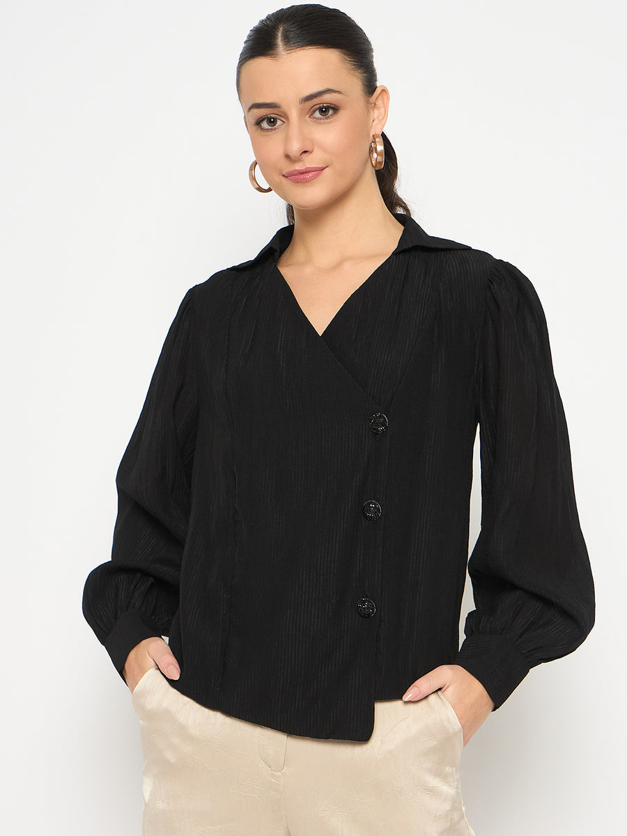 Madame Black Asymmetrical Hemline Rayon Blend Shirt