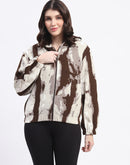 Madame All Over Print Zipped Brown Hooded Sweatshirt For Women