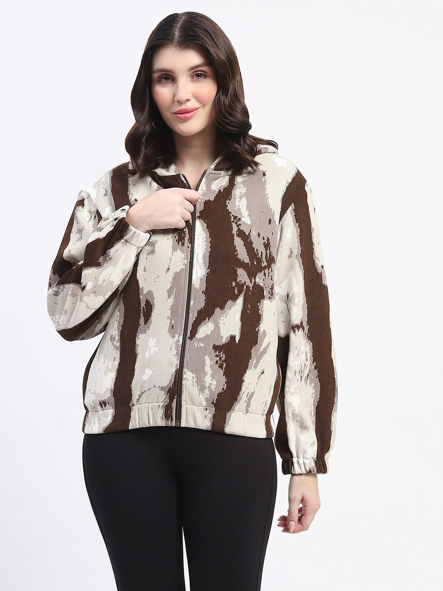 Madame All Over Print Zipped Brown Hooded Sweatshirt For Women