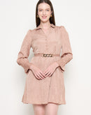 Madame Flounce Sleeved Belted Brown Mini Dress