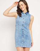 Camla Barcelona Sky Blue Denim Sleeveless Shirt Dress