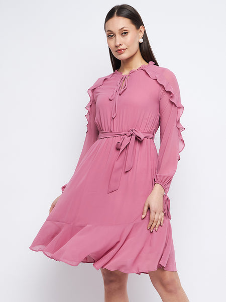 Madame Ruffle Detail Onion Pink Belted Waist Dress