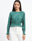 Madame Animal Print Cinch Waist Green Top