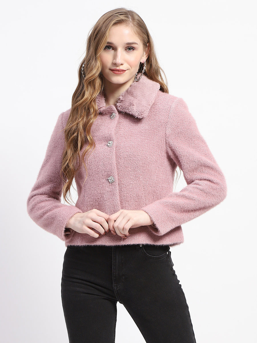 Madame Solid Purple Fur Neck Short Coat