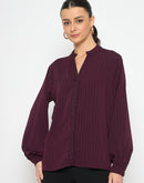 Madame Embellished Striped Cuff Sleeved Plum Top